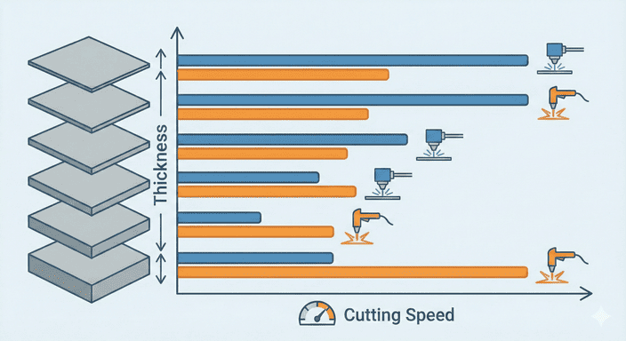 A chart showing the cutting speed of laser and plasma across different material thicknesses