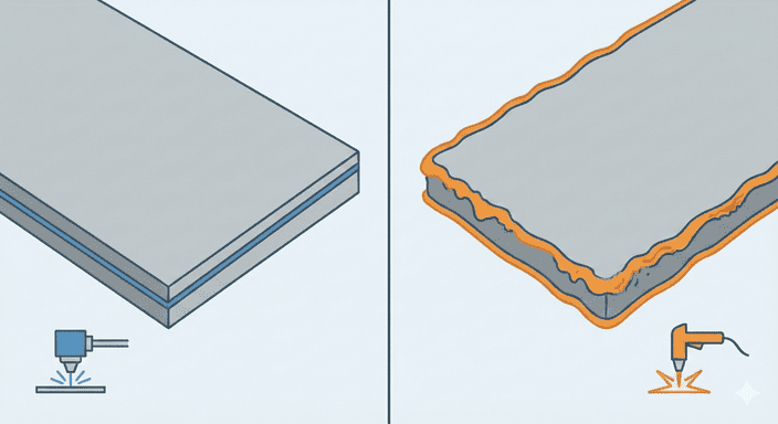 A close-up shot comparing the clean edge of a laser-cut part to a plasma-cut part