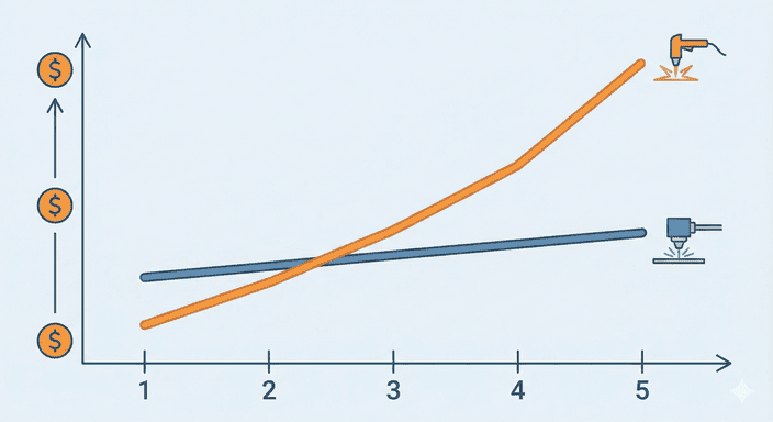 A comparison graph showing the total cost of ownership for laser and plasma over five years