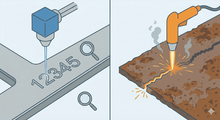 A split image showing a laser etching a part number and a plasma cutter powering through rusty steel plate
