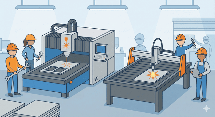Fiber laser cutting machine next to a plasma cutting table in a busy workshop